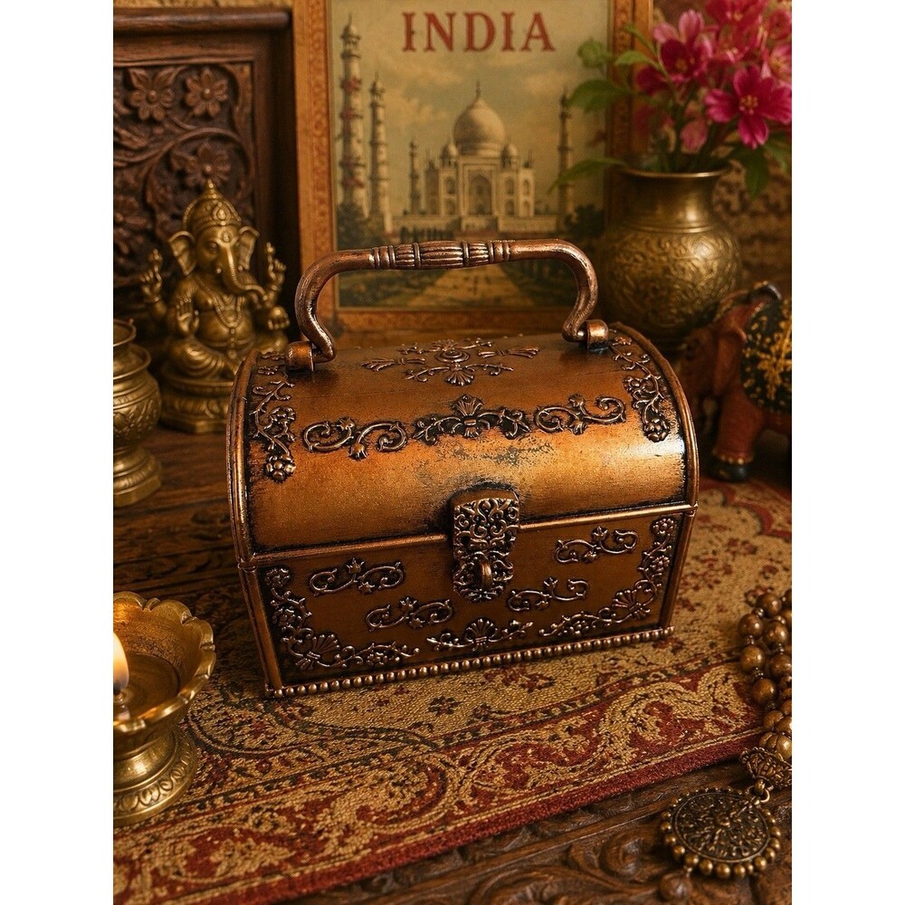 Vintage Decorative Trinket Jewelry Box Faux Metal Look Red Lined Mirror Lid